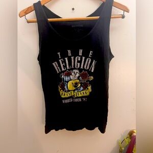 Y2K True Religion, Buddha playing guitar graphic design, black tank